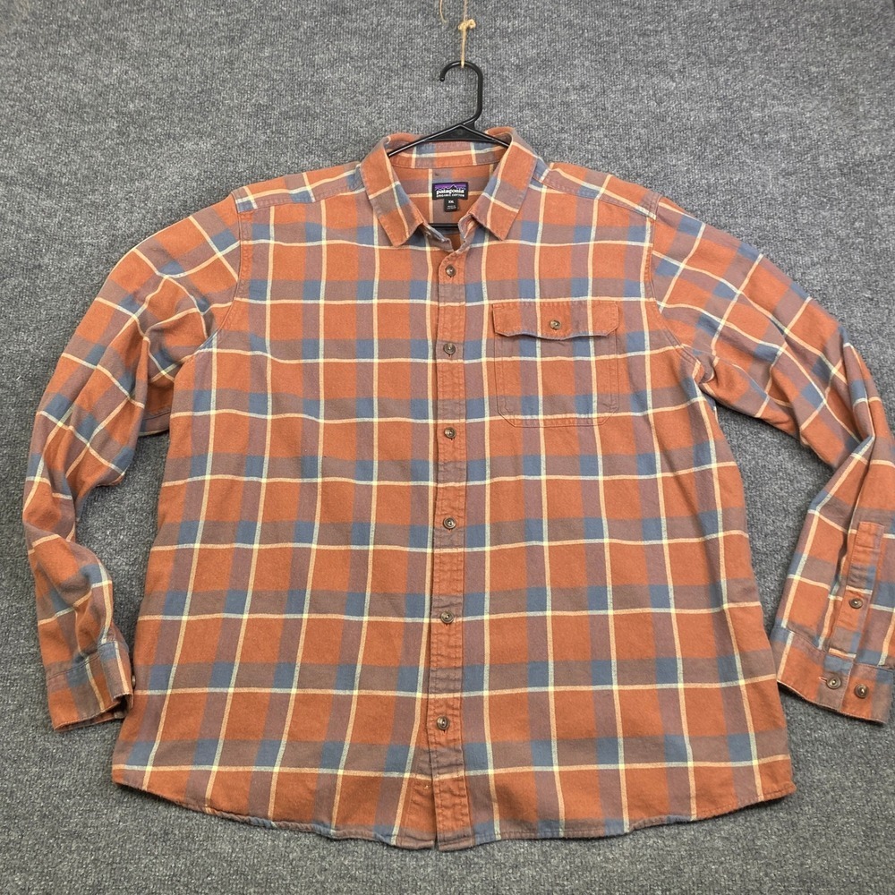 Patagonia Mens Light Fjord Flannel Shirt XXL Rust Orange Blue Plaid 42410 FA22